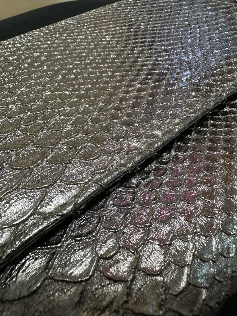 Neiman Marcus Iridescent Pewter Snake-Embossed Wristlet Clutch